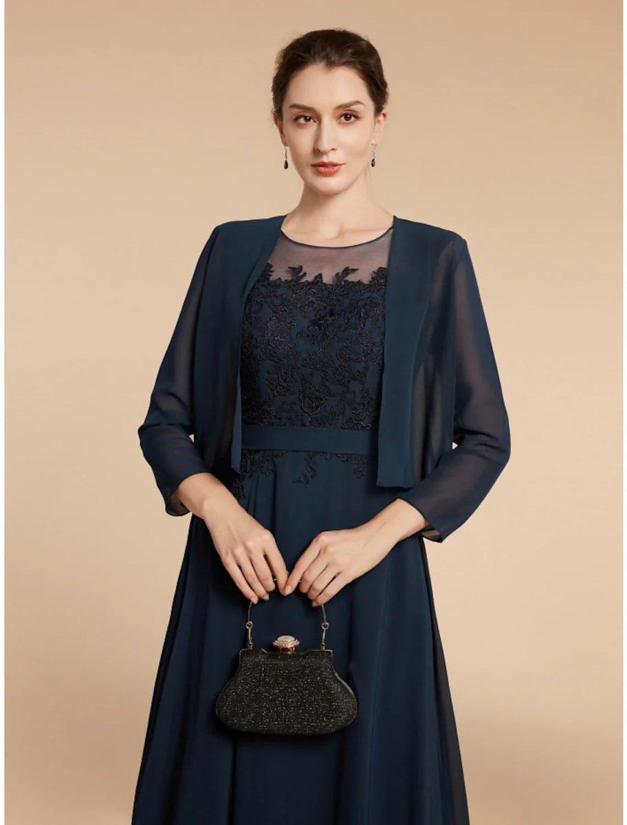 NumberSea - A - Line Mother of the Bride Dress Wedding Guest Elegant Jewel Neck Ankle Length Chiffon Lace Long Sleeve with Ruching Solid Color