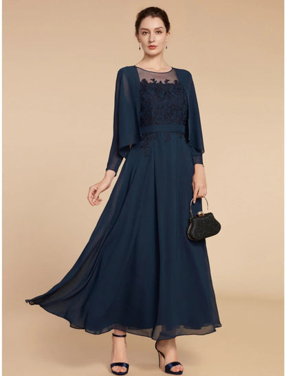 NumberSea - A - Line Mother of the Bride Dress Wedding Guest Elegant Jewel Neck Ankle Length Chiffon Lace Long Sleeve with Ruching Solid Color