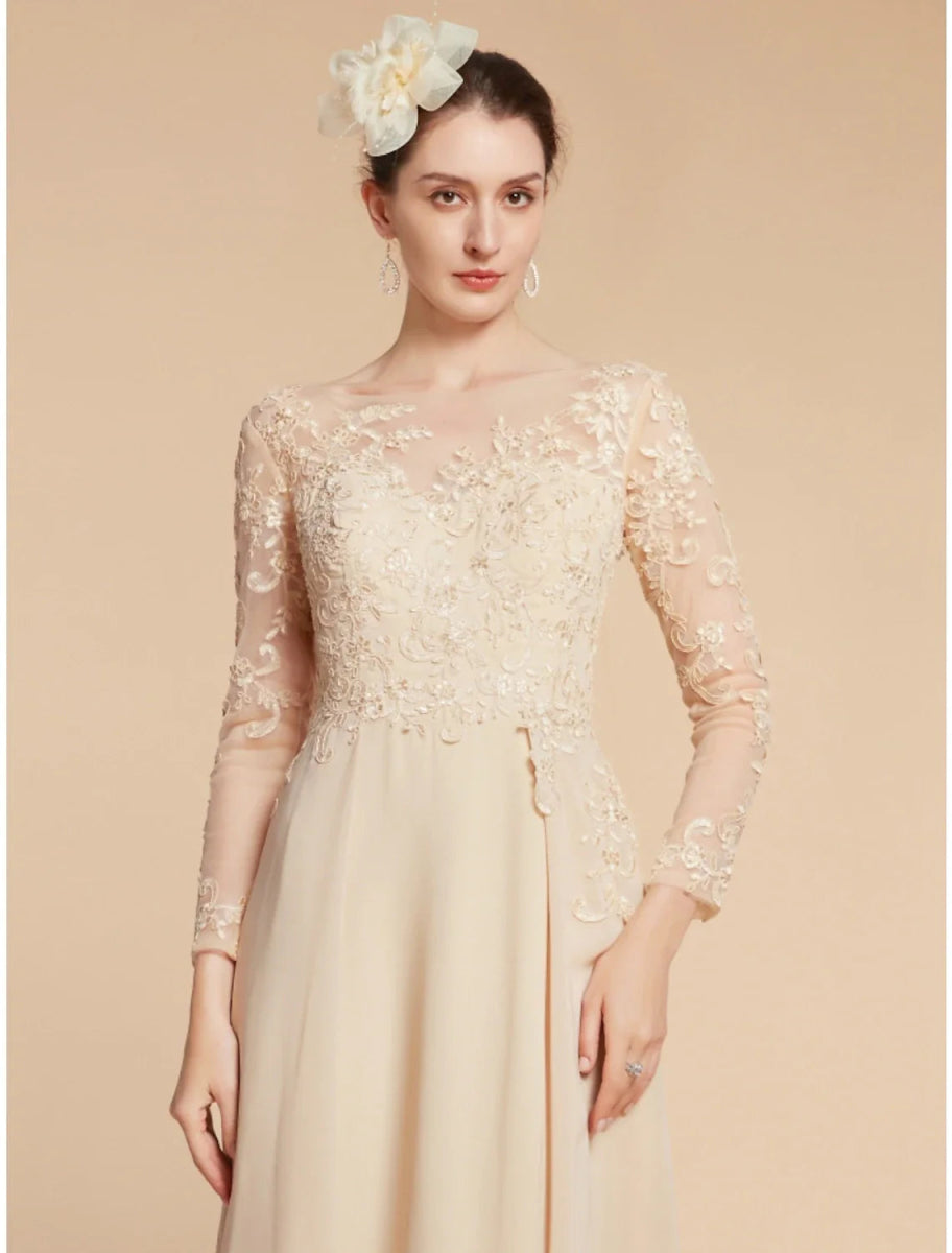 NumberSea - A - Line Mother of the Bride Dress Wedding Guest Elegant Jewel Neck Ankle Length Chiffon Lace Long Sleeve with Ruching Solid Color