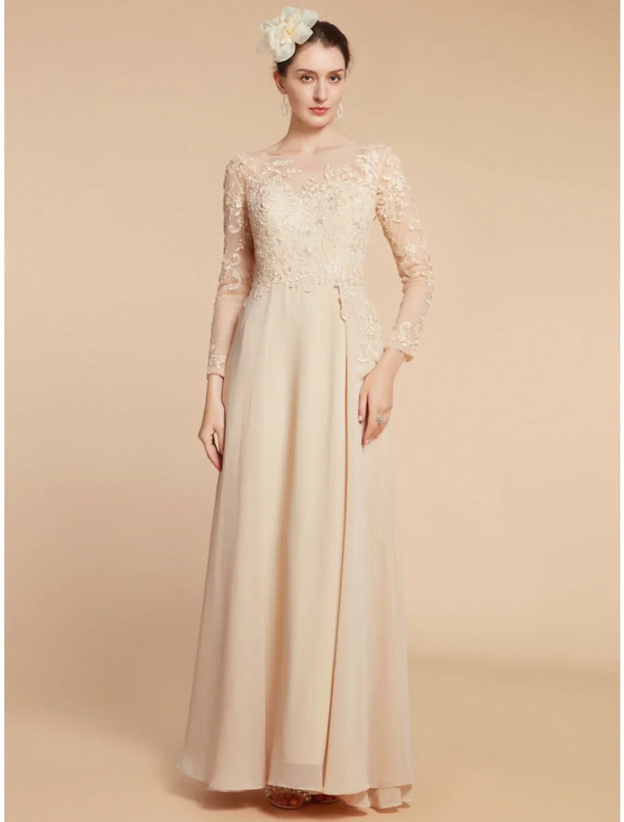 NumberSea - A - Line Mother of the Bride Dress Wedding Guest Elegant Jewel Neck Ankle Length Chiffon Lace Long Sleeve with Ruching Solid Color