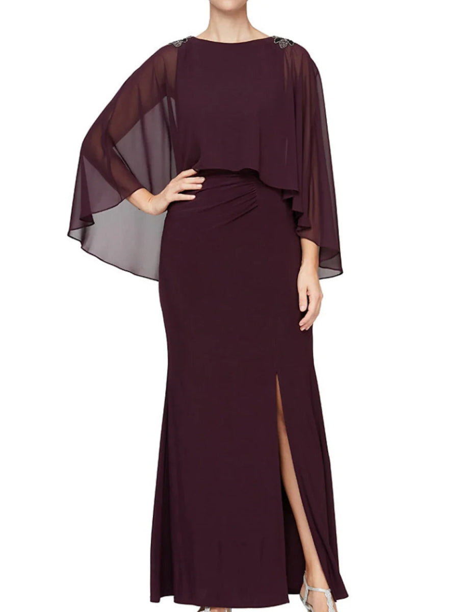 NumberSea - A - Line Mother of the Bride Dress Wedding Guest Elegant Jewel Neck Ankle Length Chiffon Long Sleeve with Sequin Split Front Ruching