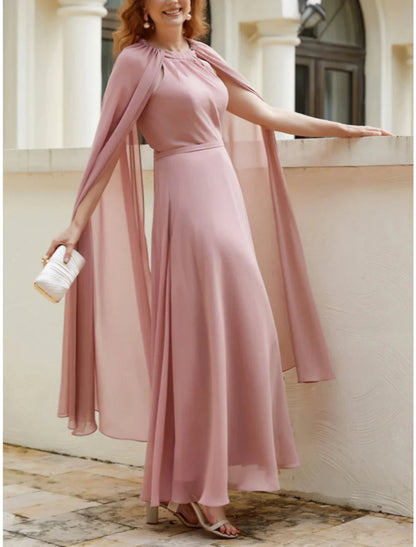 NumberSea - A - Line Mother of the Bride Dress Wedding Guest Elegant Jewel Neck Ankle Length Chiffon Sleeveless with Ruching Solid Color