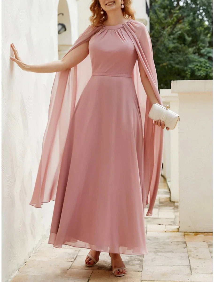 NumberSea - A - Line Mother of the Bride Dress Wedding Guest Elegant Jewel Neck Ankle Length Chiffon Sleeveless with Ruching Solid Color