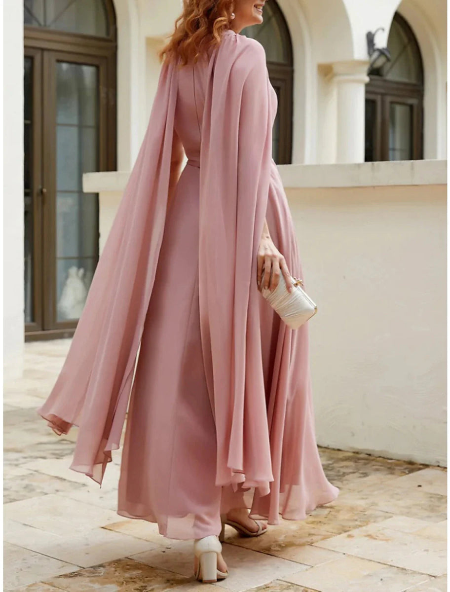 NumberSea - A - Line Mother of the Bride Dress Wedding Guest Elegant Jewel Neck Ankle Length Chiffon Sleeveless with Ruching Solid Color