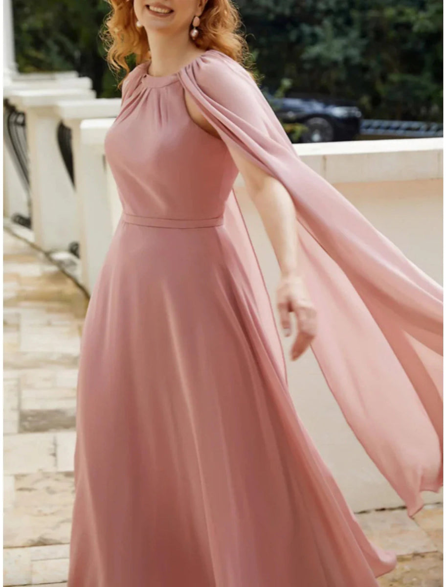 NumberSea - A - Line Mother of the Bride Dress Wedding Guest Elegant Jewel Neck Ankle Length Chiffon Sleeveless with Ruching Solid Color