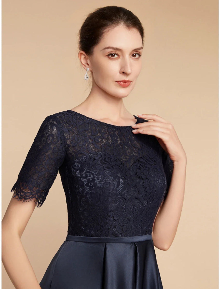 NumberSea - A - Line Mother of the Bride Dress Wedding Guest Elegant Jewel Neck Asymmetrical Satin Lace Short Sleeve with Ruching Solid Color