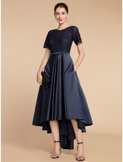 NumberSea - A - Line Mother of the Bride Dress Wedding Guest Elegant Jewel Neck Asymmetrical Satin Lace Short Sleeve with Ruching Solid Color