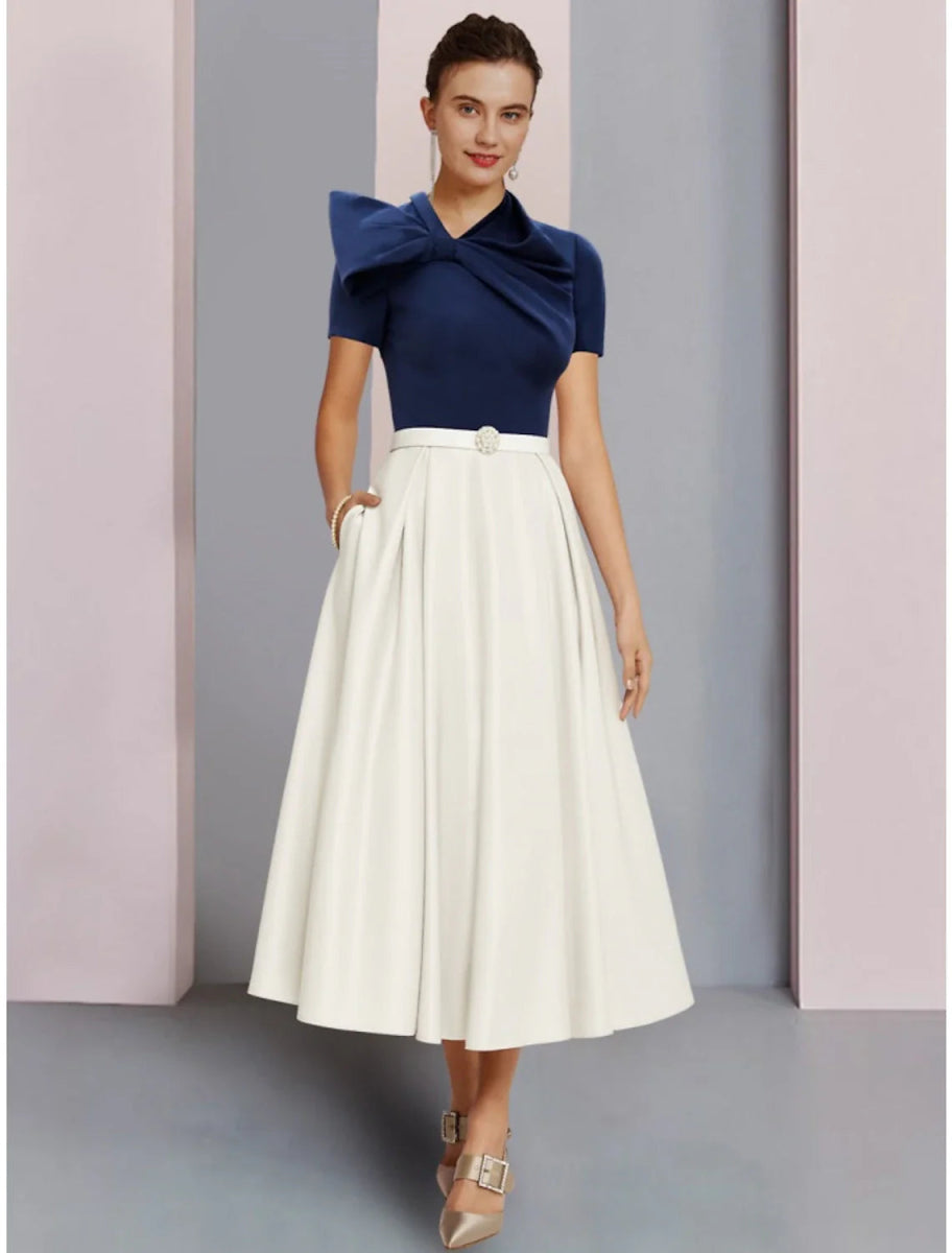 NumberSea - A - Line Mother of the Bride Dress Wedding Guest Elegant Jewel Neck Tea Length Satin Short Sleeve with Bow(s) Crystal Brooch Ruching