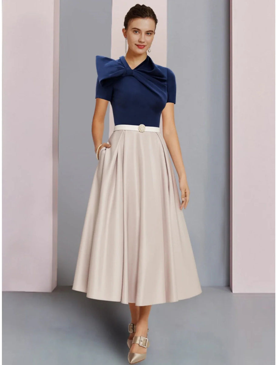 NumberSea - A - Line Mother of the Bride Dress Wedding Guest Elegant Jewel Neck Tea Length Satin Short Sleeve with Bow(s) Crystal Brooch Ruching