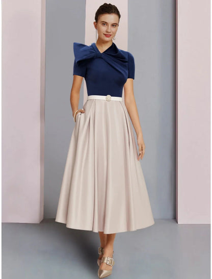 NumberSea - A - Line Mother of the Bride Dress Wedding Guest Elegant Jewel Neck Tea Length Satin Short Sleeve with Bow(s) Crystal Brooch Ruching