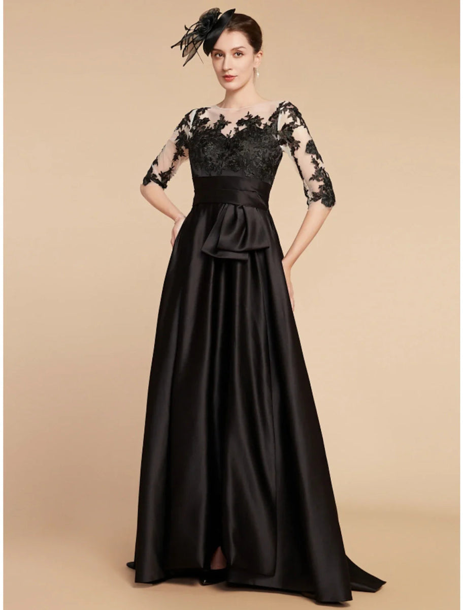 NumberSea - A - Line Mother of the Bride Dress Wedding Guest Elegant Party Jewel Neck Sweep / Brush Train Satin Lace Half Sleeve with Split Front Ruching Solid Color