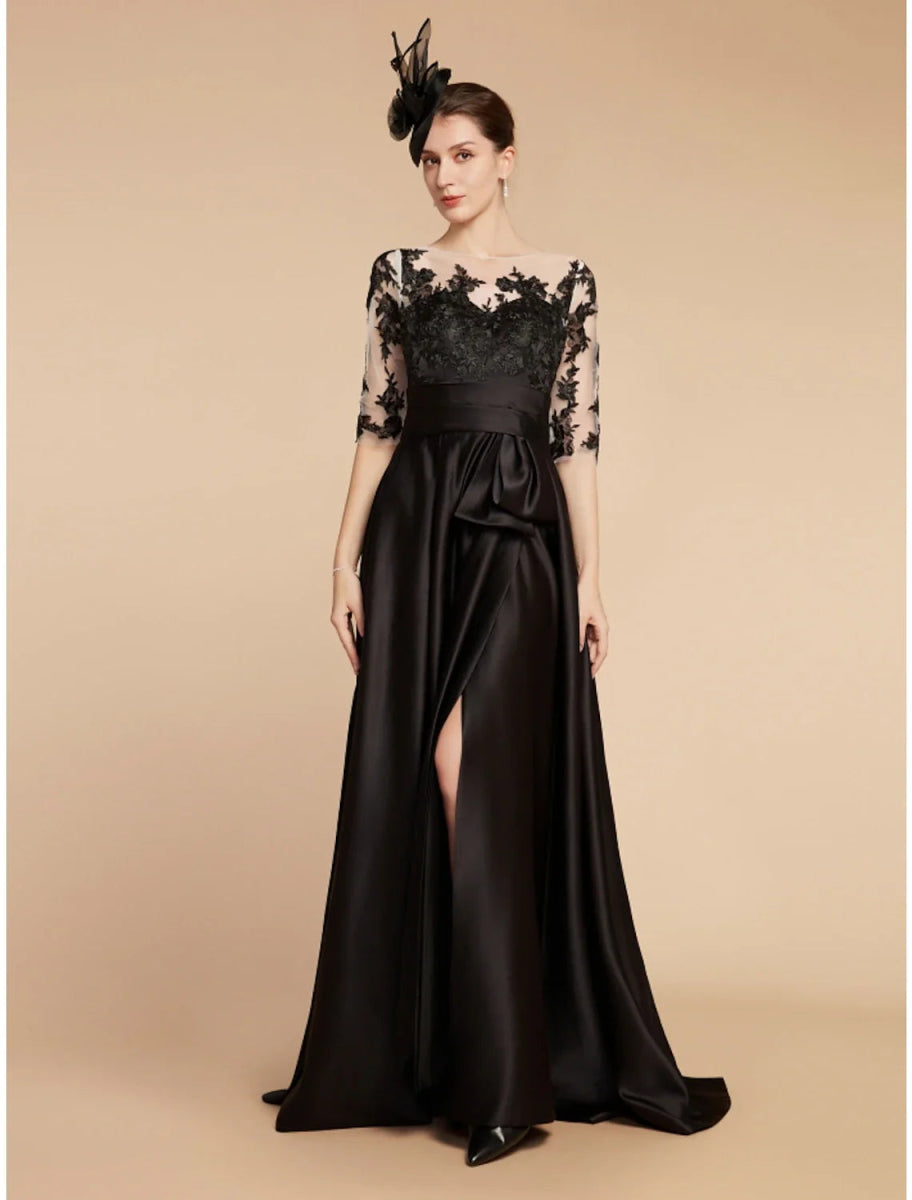 NumberSea - A - Line Mother of the Bride Dress Wedding Guest Elegant Party Jewel Neck Sweep / Brush Train Satin Lace Half Sleeve with Split Front Ruching Solid Color