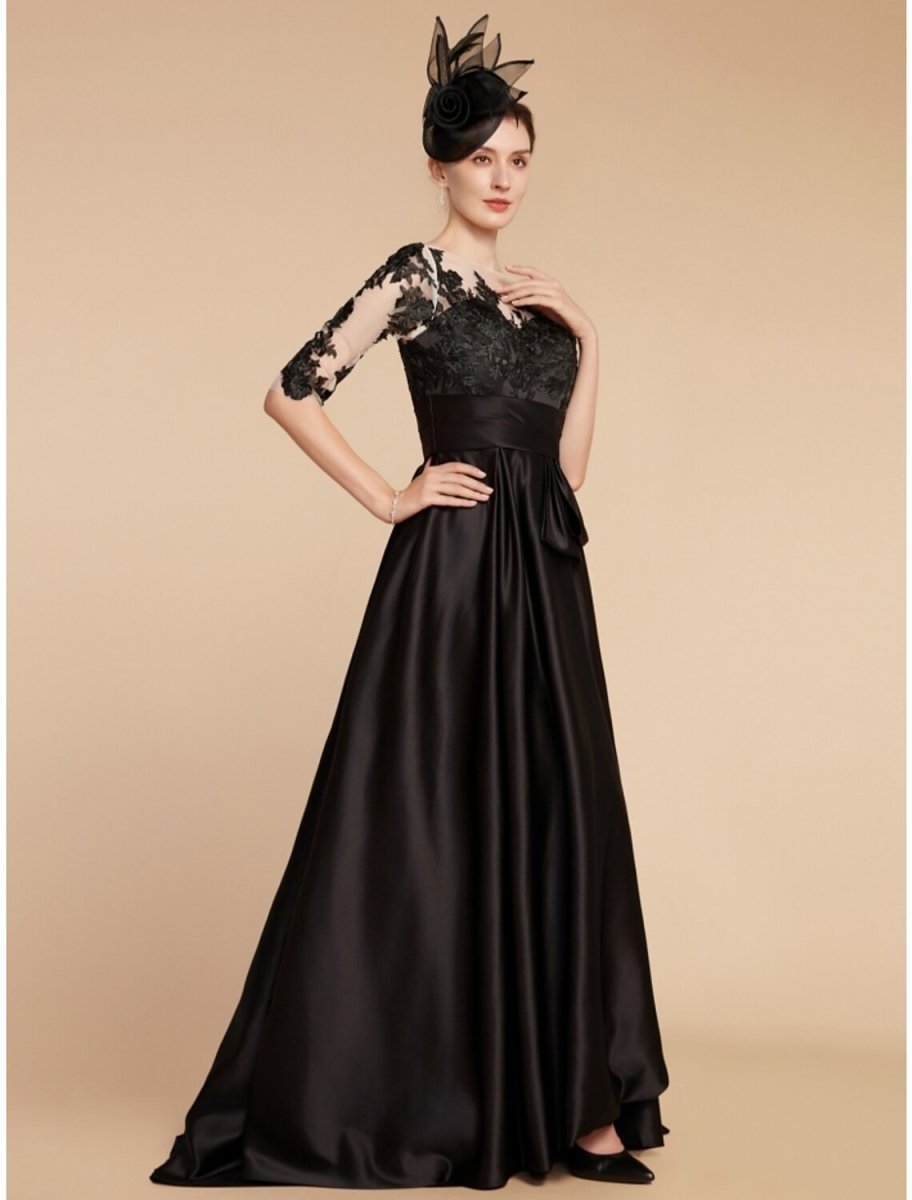 NumberSea - A - Line Mother of the Bride Dress Wedding Guest Elegant Party Jewel Neck Sweep / Brush Train Satin Lace Half Sleeve with Split Front Ruching Solid Color