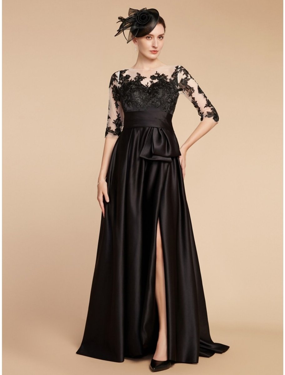 NumberSea - A - Line Mother of the Bride Dress Wedding Guest Elegant Party Jewel Neck Sweep / Brush Train Satin Lace Half Sleeve with Split Front Ruching Solid Color