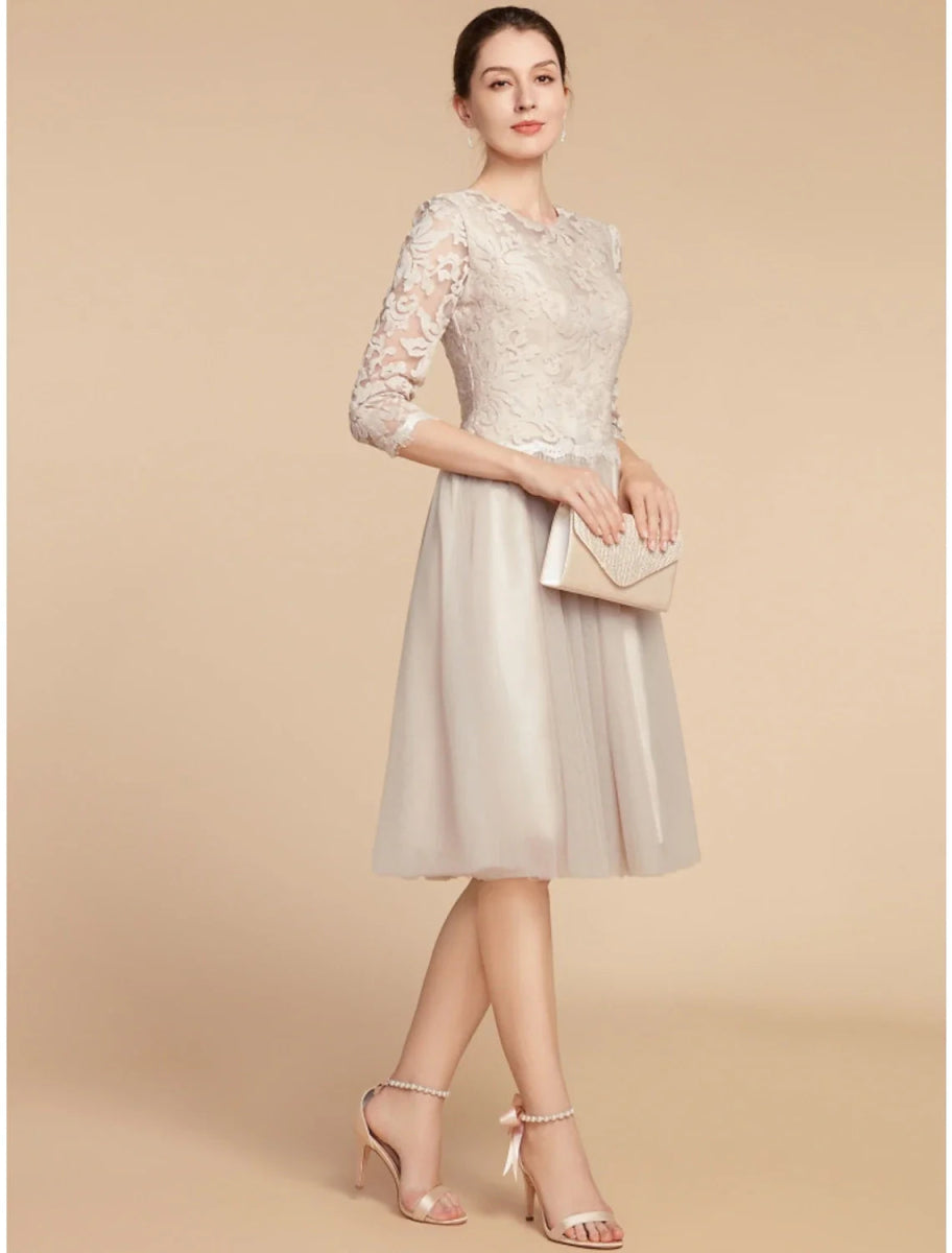 NumberSea - A - Line Mother of the Bride Dress Wedding Guest Elegant Petite Jewel Neck Knee Length Chiffon Lace 3/4 Length Sleeve with Pleats Sequin