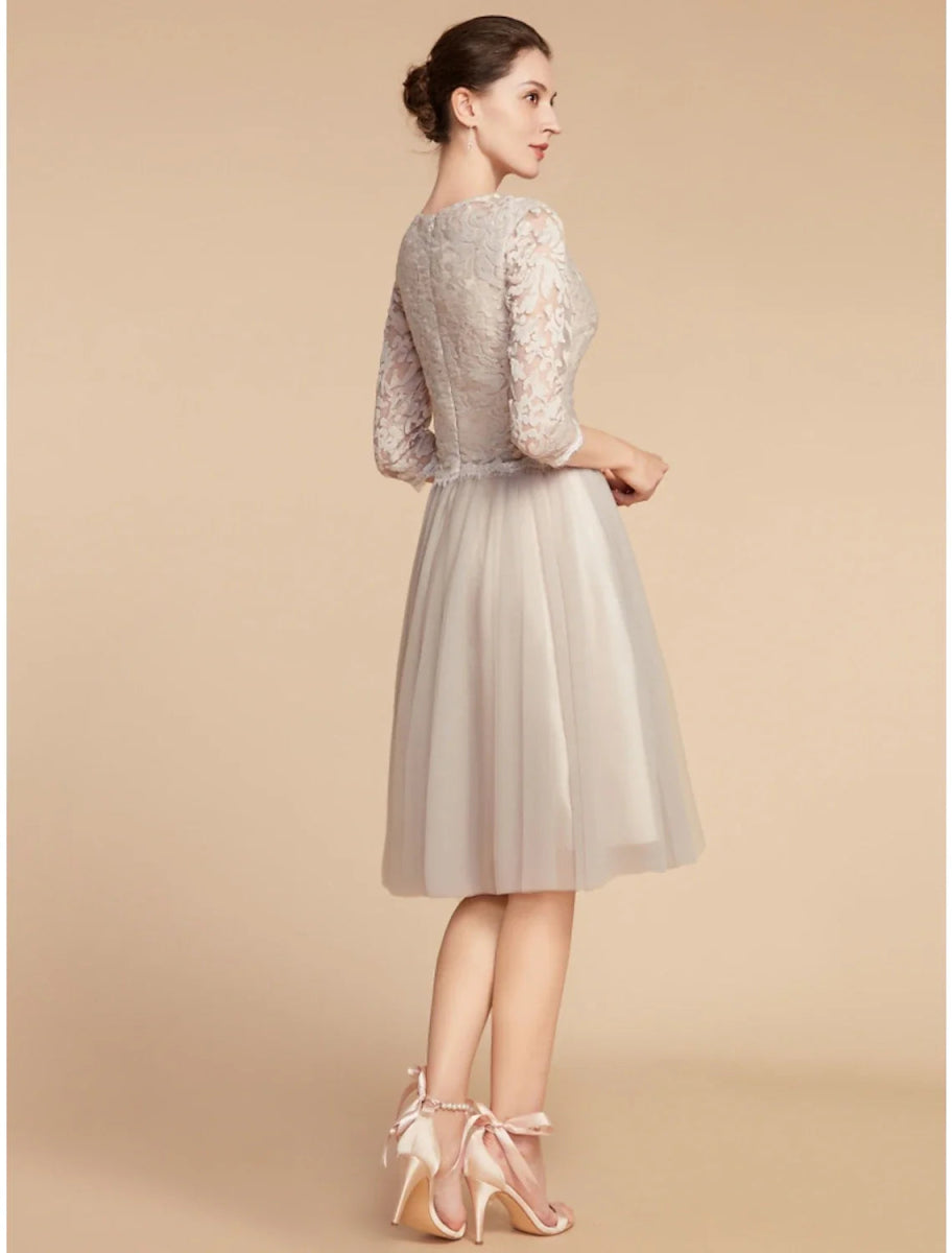 NumberSea - A - Line Mother of the Bride Dress Wedding Guest Elegant Petite Jewel Neck Knee Length Chiffon Lace 3/4 Length Sleeve with Pleats Sequin