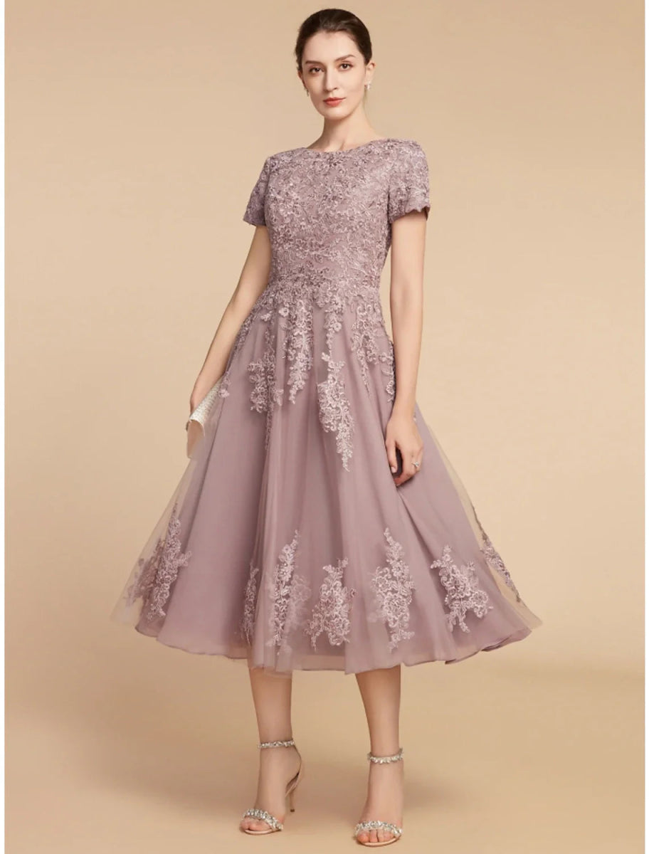 NumberSea - A - Line Mother of the Bride Dress Wedding Guest Elegant Petite Jewel Neck Tea Length Lace Tulle Short Sleeve with Ruching Flower