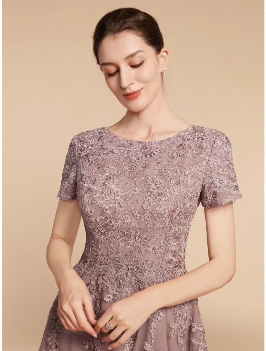 NumberSea - A - Line Mother of the Bride Dress Wedding Guest Elegant Petite Jewel Neck Tea Length Lace Tulle Short Sleeve with Ruching Flower