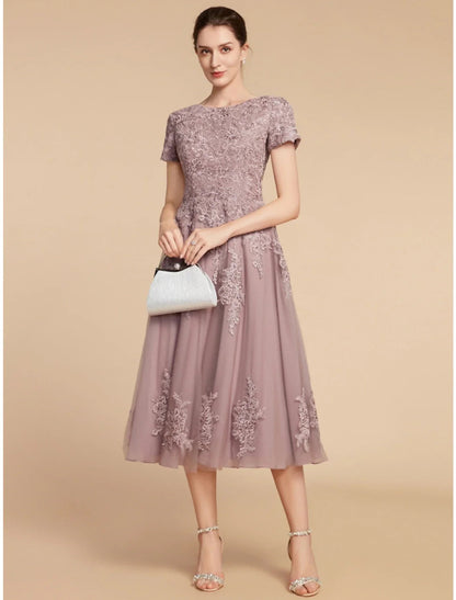 NumberSea - A - Line Mother of the Bride Dress Wedding Guest Elegant Petite Jewel Neck Tea Length Lace Tulle Short Sleeve with Ruching Flower