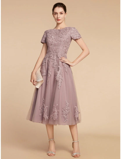 NumberSea - A - Line Mother of the Bride Dress Wedding Guest Elegant Petite Jewel Neck Tea Length Lace Tulle Short Sleeve with Ruching Flower