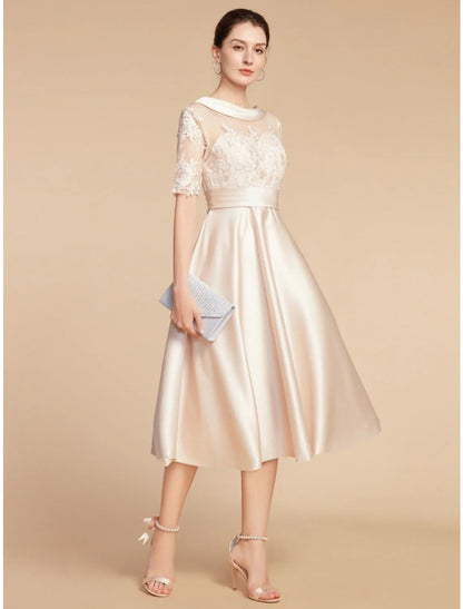 NumberSea - A - Line Mother of the Bride Dress Wedding Guest Elegant Petite Scoop Neck Knee Length Satin Lace Half Sleeve with Appliques Ruching Solid Color