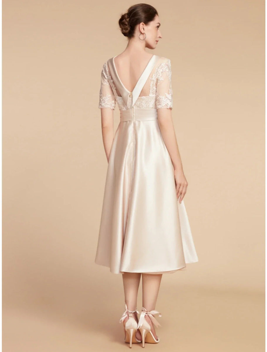 NumberSea - A - Line Mother of the Bride Dress Wedding Guest Elegant Petite Scoop Neck Knee Length Satin Lace Half Sleeve with Appliques Ruching Solid Color