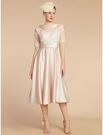 NumberSea - A - Line Mother of the Bride Dress Wedding Guest Elegant Petite Scoop Neck Knee Length Satin Lace Half Sleeve with Appliques Ruching Solid Color