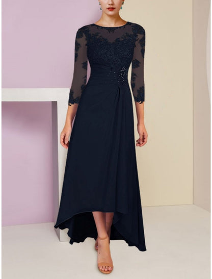 NumberSea - A - Line Mother of the Bride Dress Wedding Guest Elegant Scoop Neck Asymmetrical Ankle Length Chiffon 3/4 Length Sleeve with Lace Sequin Ruching