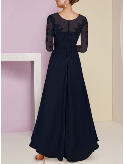 NumberSea - A - Line Mother of the Bride Dress Wedding Guest Elegant Scoop Neck Asymmetrical Ankle Length Chiffon 3/4 Length Sleeve with Lace Sequin Ruching