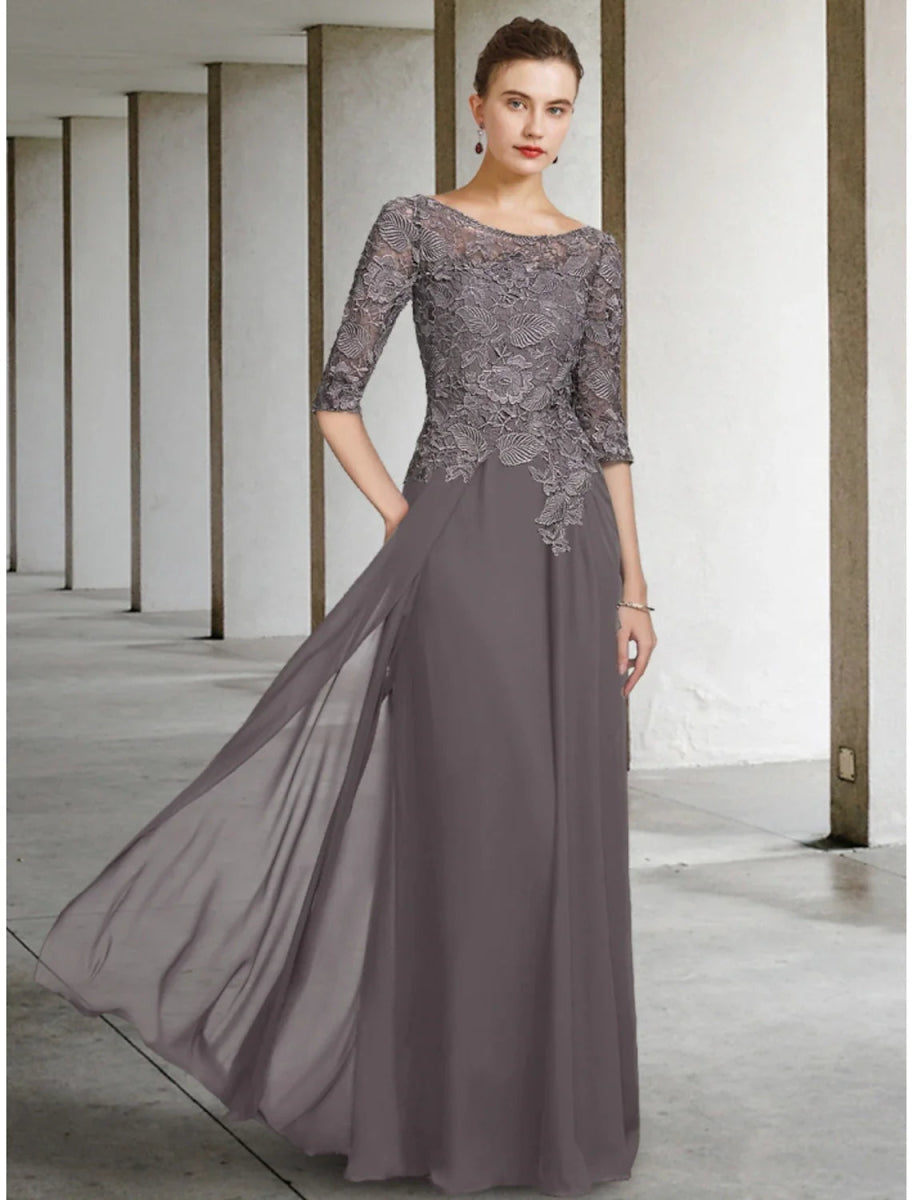 NumberSea - A - Line Mother of the Bride Dress Wedding Guest Elegant Scoop Neck Floor Length Chiffon Lace Half Sleeve with Ruching Solid Color