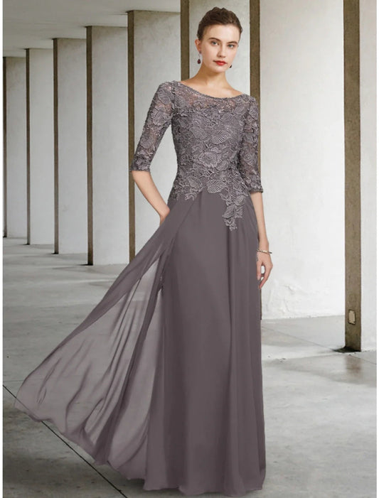 NumberSea - A - Line Mother of the Bride Dress Wedding Guest Elegant Scoop Neck Floor Length Chiffon Lace Half Sleeve with Ruching Solid Color