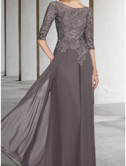 NumberSea - A - Line Mother of the Bride Dress Wedding Guest Elegant Scoop Neck Floor Length Chiffon Lace Half Sleeve with Ruching Solid Color