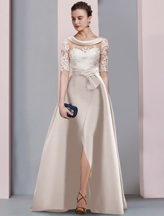 NumberSea - A - Line Mother of the Bride Dress Wedding Guest Elegant Scoop Neck Floor Length Satin Lace Half Sleeve with Bow(s) Appliques Split Front