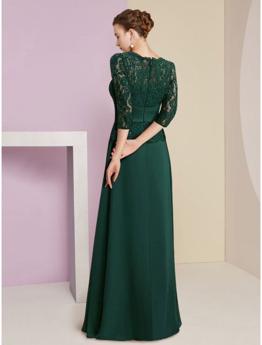 NumberSea - A - Line Mother of the Bride Dress Wedding Guest Elegant Scoop Neck Floor Length Stretch Chiffon 3/4 Length Sleeve with Lace Sequin Ruching