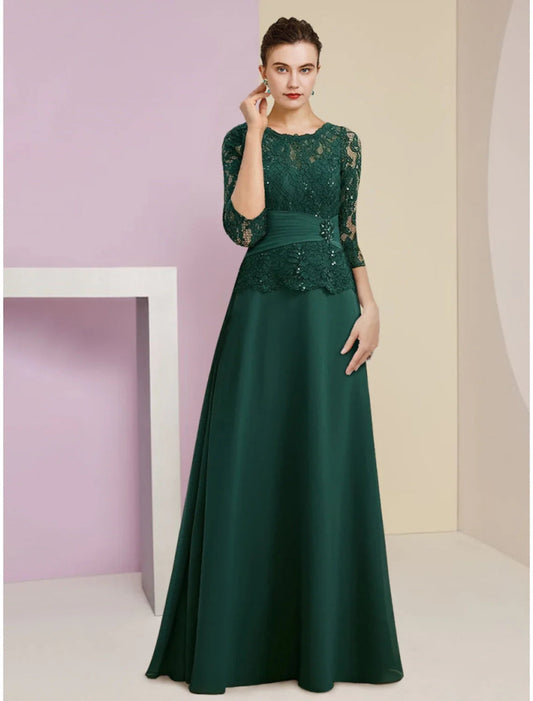 NumberSea - A - Line Mother of the Bride Dress Wedding Guest Elegant Scoop Neck Floor Length Stretch Chiffon 3/4 Length Sleeve with Lace Sequin Ruching