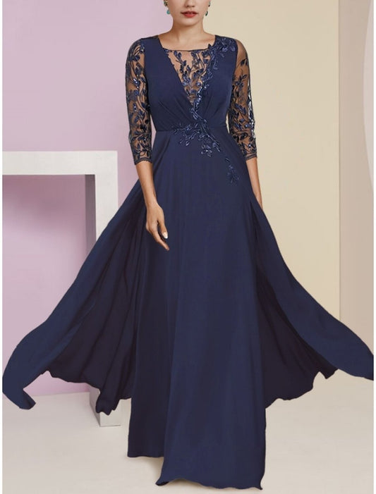 NumberSea - A - Line Mother of the Bride Dress Wedding Guest Elegant Scoop Neck Floor Length Stretch Chiffon Half Sleeve with Sequin Appliques Ruching