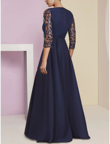 NumberSea - A - Line Mother of the Bride Dress Wedding Guest Elegant Scoop Neck Floor Length Stretch Chiffon Half Sleeve with Sequin Appliques Ruching