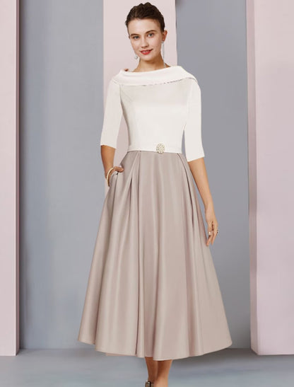 NumberSea - A - Line Mother of the Bride Dress Wedding Guest Elegant Scoop Neck Tea Length Satin Half Sleeve with Pleats Crystal Brooch Color Block