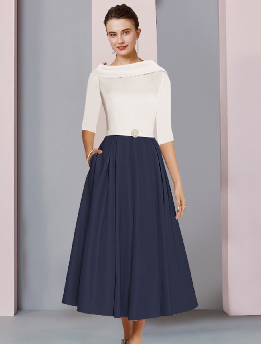 NumberSea - A - Line Mother of the Bride Dress Wedding Guest Elegant Scoop Neck Tea Length Satin Half Sleeve with Pleats Crystal Brooch Color Block