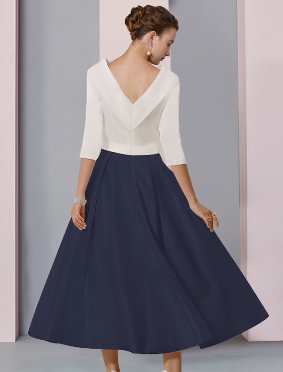 NumberSea - A - Line Mother of the Bride Dress Wedding Guest Elegant Scoop Neck Tea Length Satin Half Sleeve with Pleats Crystal Brooch Color Block