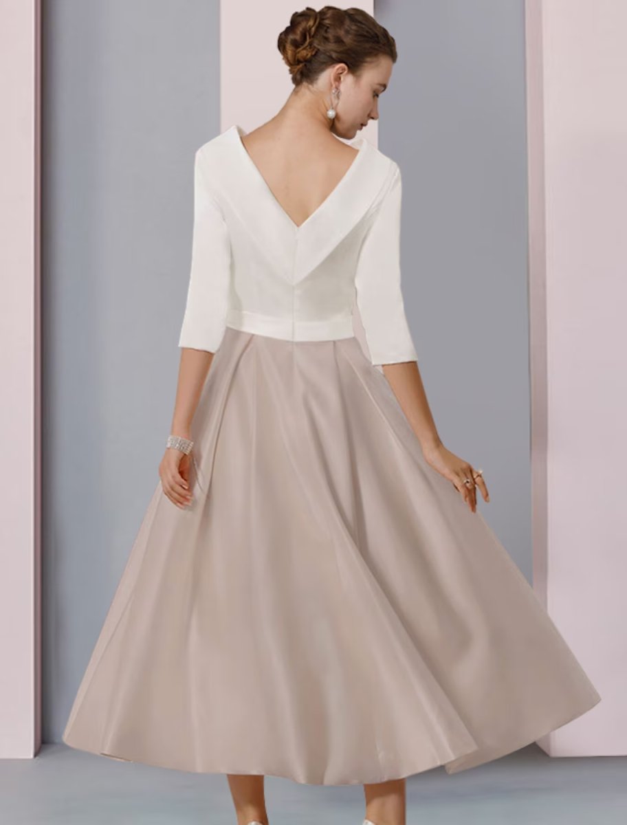 NumberSea - A - Line Mother of the Bride Dress Wedding Guest Elegant Scoop Neck Tea Length Satin Half Sleeve with Pleats Crystal Brooch Color Block