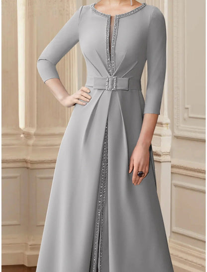 NumberSea - A - Line Mother of the Bride Dress Wedding Guest Elegant Scoop Neck Tea Length Stretch Chiffon 3/4 Length Sleeve with Bow(s) Sequin Ruching