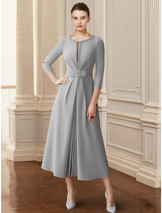 NumberSea - A - Line Mother of the Bride Dress Wedding Guest Elegant Scoop Neck Tea Length Stretch Chiffon 3/4 Length Sleeve with Bow(s) Sequin Ruching