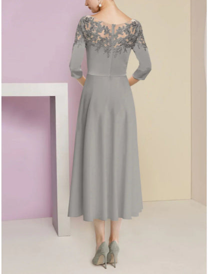 NumberSea - A - Line Mother of the Bride Dress Wedding Guest Elegant Scoop Neck Tea Length Stretch Chiffon Half Sleeve with Lace Ruching Solid Color