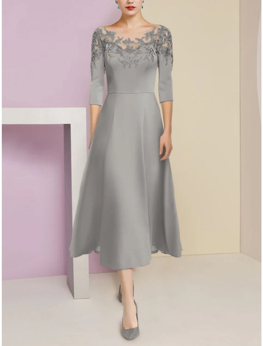 NumberSea - A - Line Mother of the Bride Dress Wedding Guest Elegant Scoop Neck Tea Length Stretch Chiffon Half Sleeve with Lace Ruching Solid Color