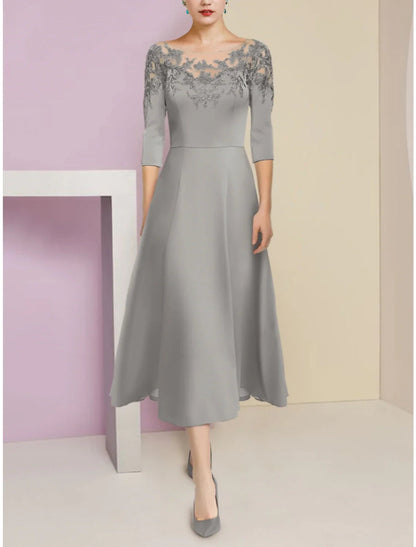 NumberSea - A - Line Mother of the Bride Dress Wedding Guest Elegant Scoop Neck Tea Length Stretch Chiffon Half Sleeve with Lace Ruching Solid Color