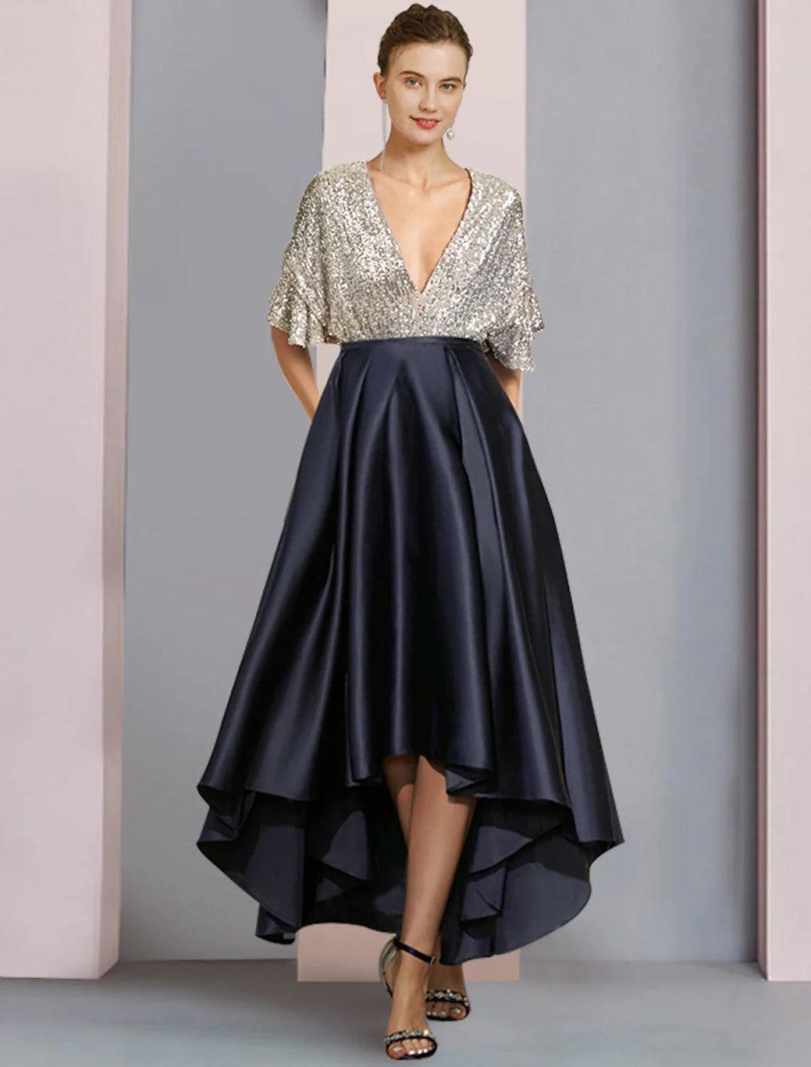 NumberSea - A - Line Mother of the Bride Dress Wedding Guest Elegant Sparkle & Shine High Low V Neck Asymmetrical Tea Length Satin Sequined Short Sleeve with Pleats