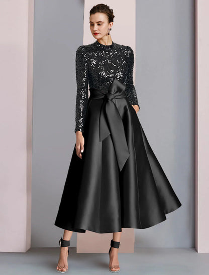 NumberSea - A - Line Mother of the Bride Dress Wedding Guest Elegant Sparkle & Shine High Neck Tea Length Satin Sequined Long Sleeve with Bow(s) Pleats