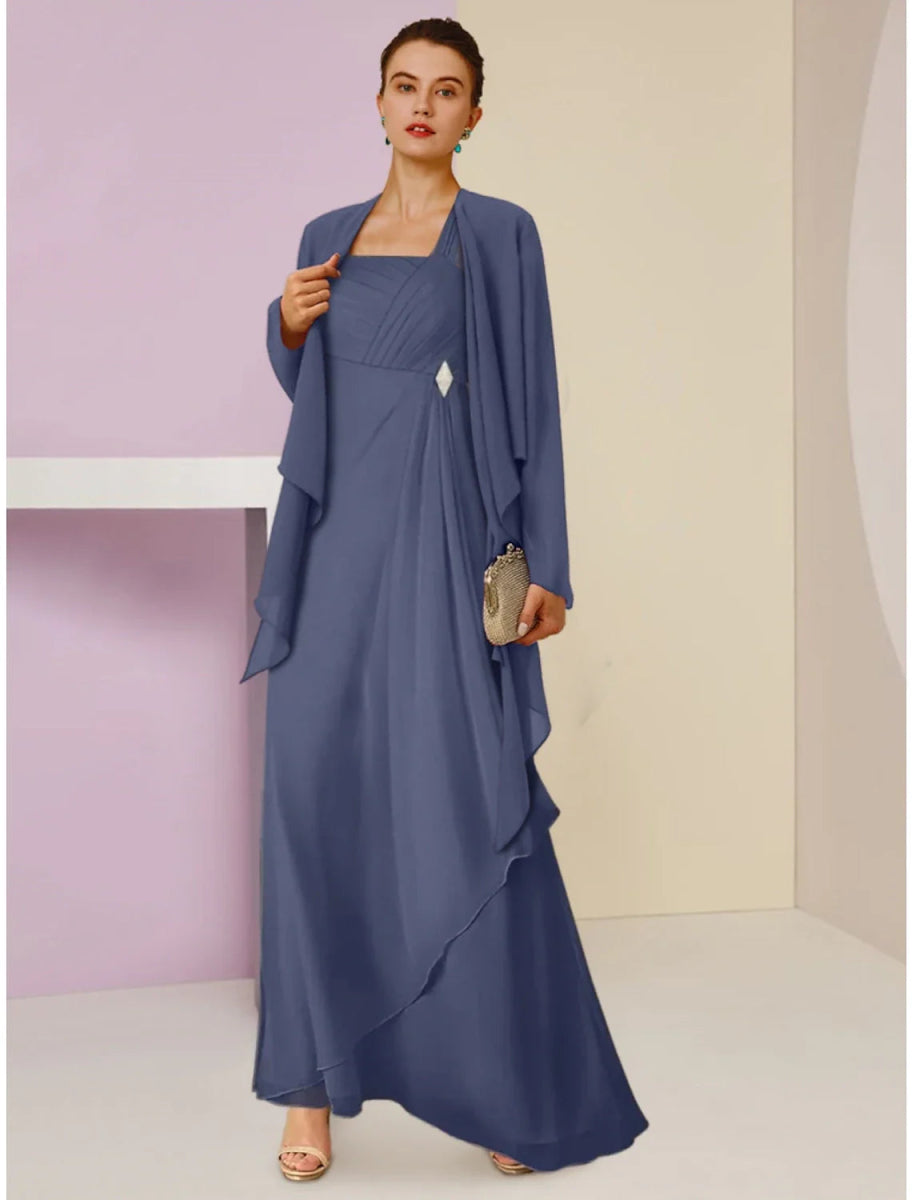 NumberSea - A - Line Mother of the Bride Dress Wedding Guest Elegant Square Neck Ankle Length Chiffon Long Sleeve with Crystal Brooch Ruching