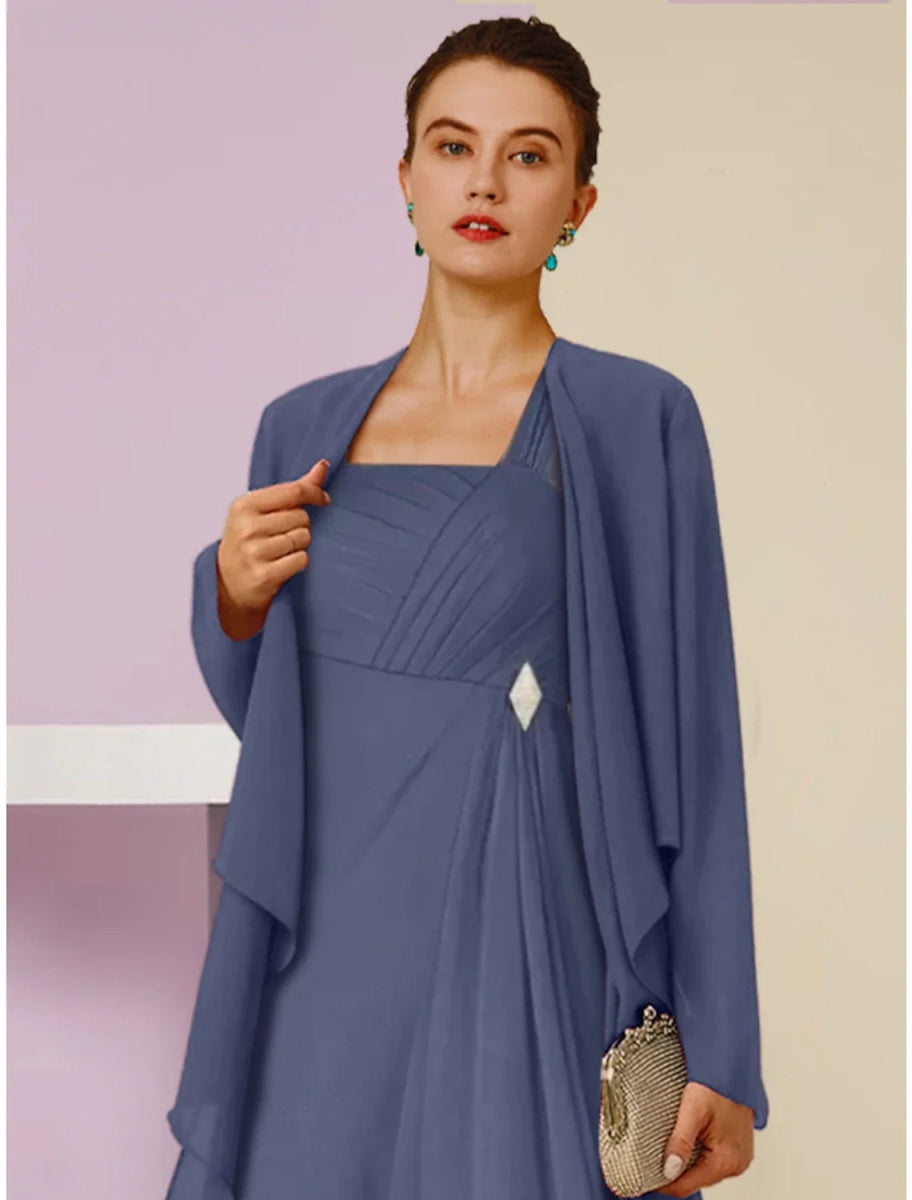 NumberSea - A - Line Mother of the Bride Dress Wedding Guest Elegant Square Neck Ankle Length Chiffon Long Sleeve with Crystal Brooch Ruching